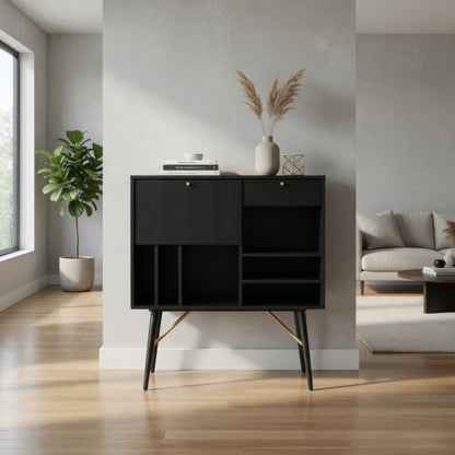 Belo Accent Buffet Sideboard, 6 Shelves, Gold Accent, Black, 42 Inch