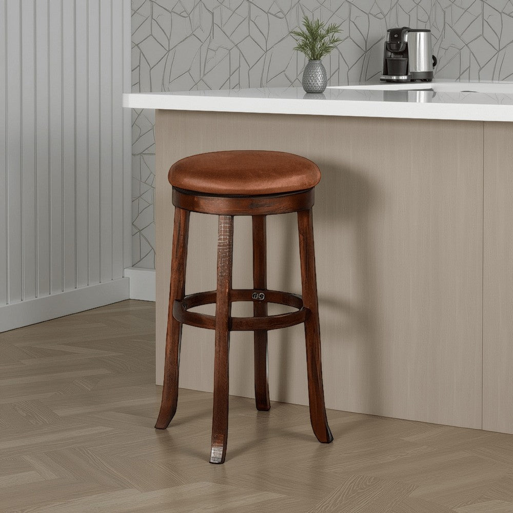 Odel Swivel Barstool Set of 2, Brown Faux Leather, Dark Mahogany