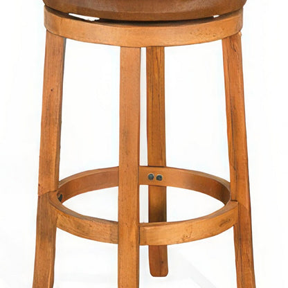 Marv Swivel Barstool Set of 2, Brown Faux Leather, Mahogany Wood