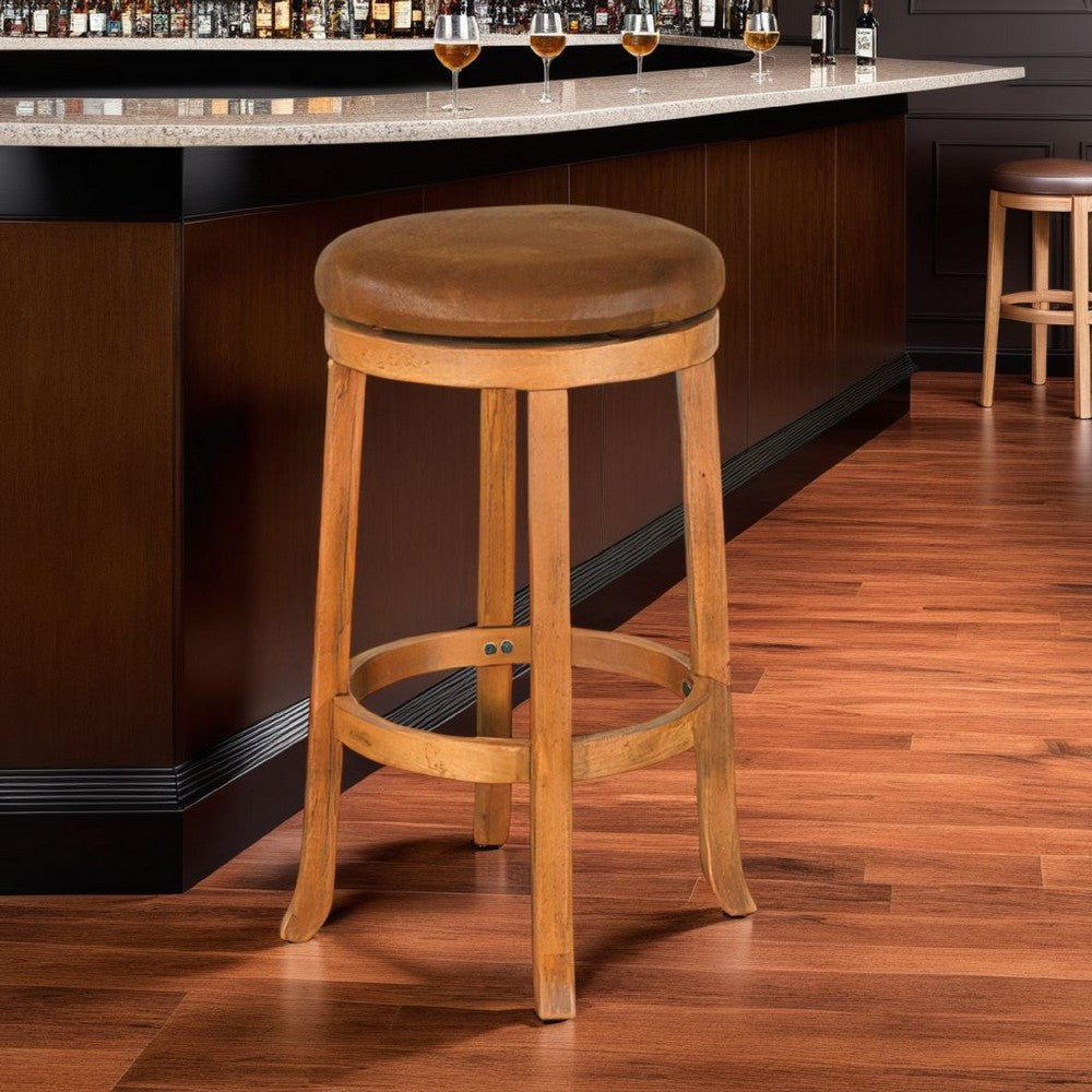 Marv Swivel Barstool Set of 2, Brown Faux Leather, Mahogany Wood