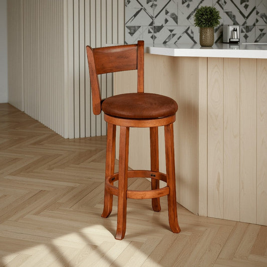 Marv Swivel Barstool Chair Set of 2, Brown Faux Leather, Mahogany Wood
