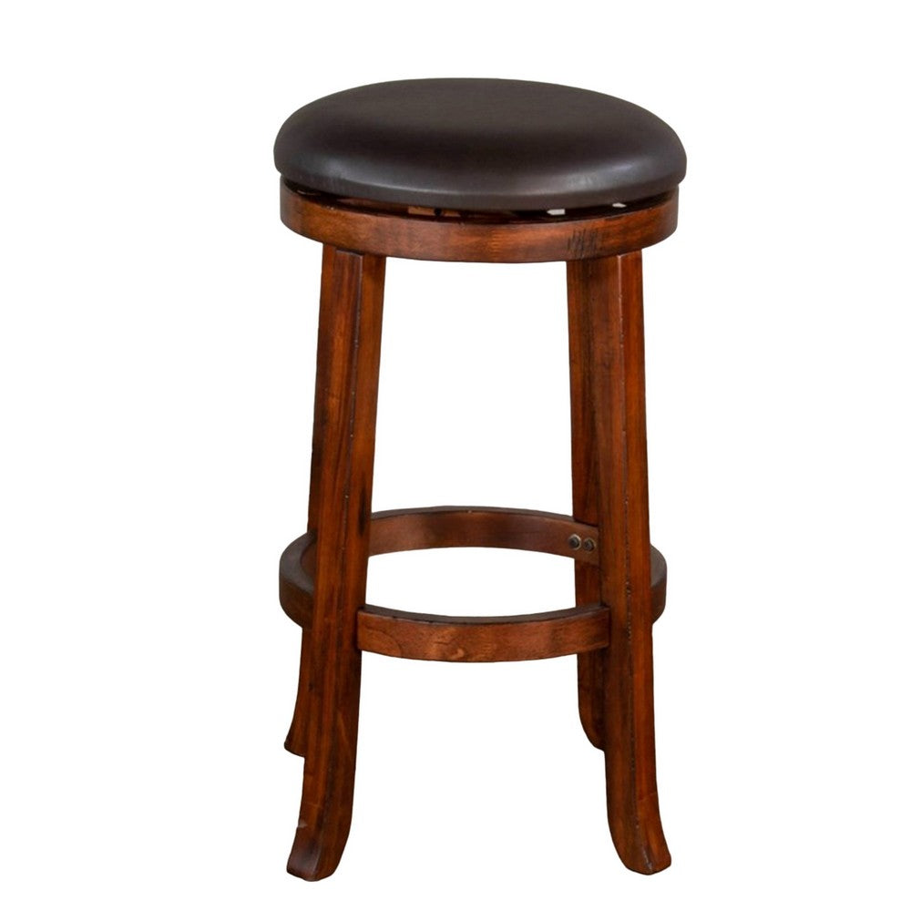 Reggie Swivel Counter Stool Set of 2, Black Faux Leather, Brown Wood