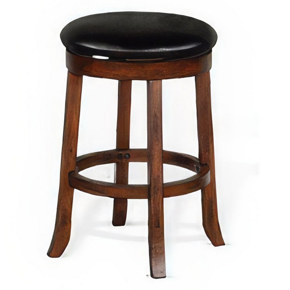 Reggie Swivel Counter Stool Set of 2, Black Faux Leather, Brown Wood