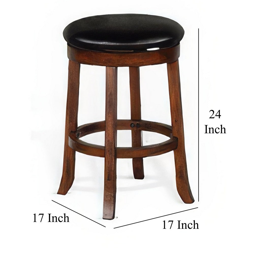Reggie Swivel Counter Stool Set of 2, Black Faux Leather, Brown Wood