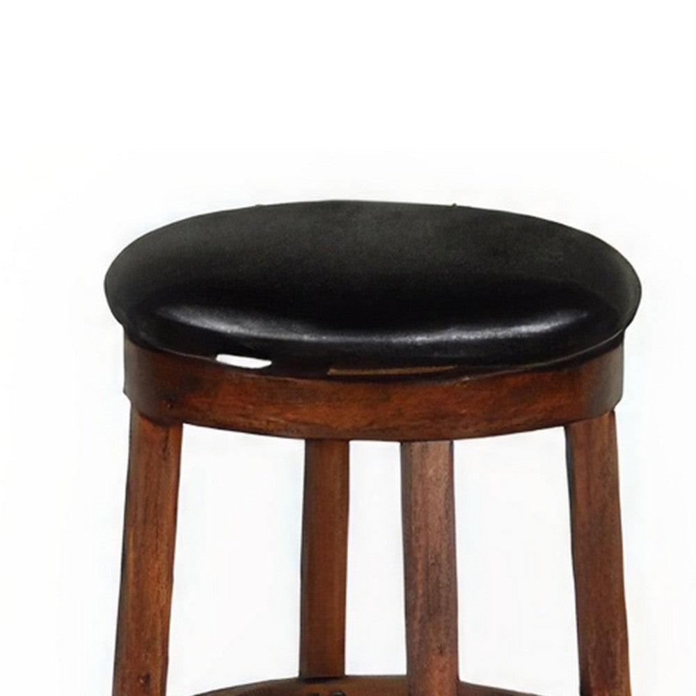 Reggie Swivel Barstool Set of 2, Black Faux Leather, Brown Mahogany