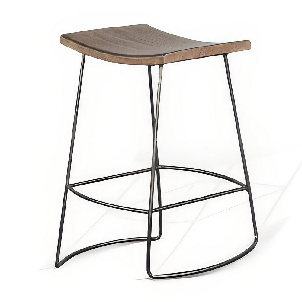 Yael Counter Stool Set of 2, Curved Seat, Rustic Brown Wood, 24 Inch