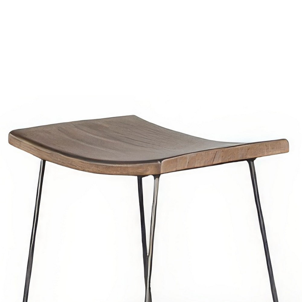 Yael Counter Stool Set of 2, Curved Seat, Rustic Brown Wood, 24 Inch