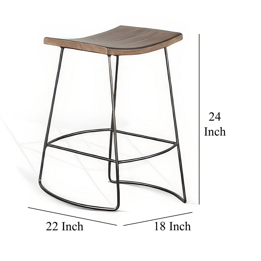 Yael Counter Stool Set of 2, Curved Seat, Rustic Brown Wood, 24 Inch
