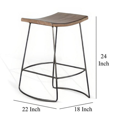 Yael Counter Stool Set of 2, Curved Seat, Rustic Brown Wood, 24 Inch