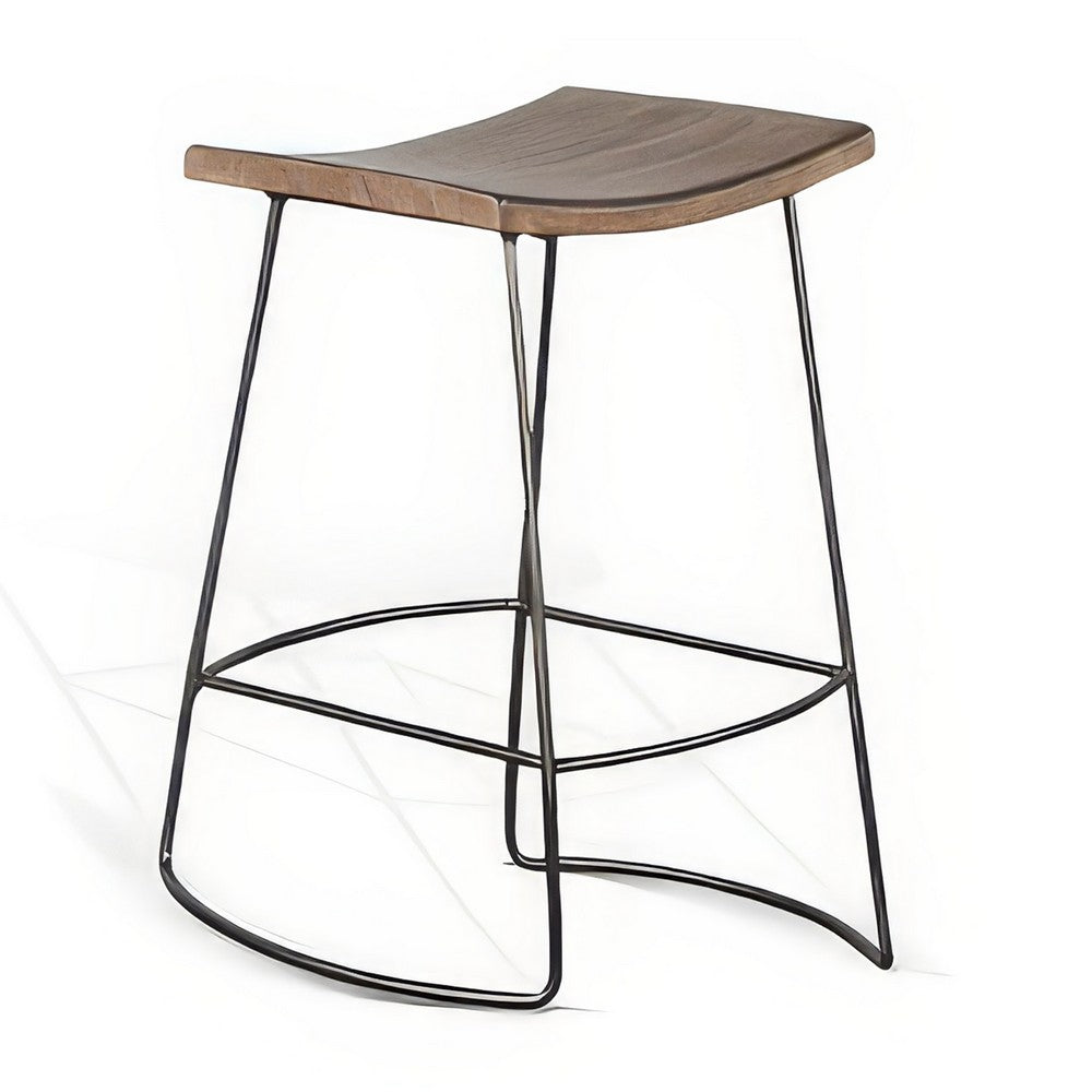 Yael Counter Stool Set of 2, Curved Seat, Rustic Brown Wood, 24 Inch