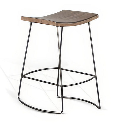 Yael Counter Stool Set of 2, Curved Seat, Rustic Brown Wood, 24 Inch