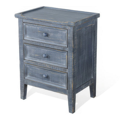 Rena Side End Table with 3 Drawers, 19 Inch Rustic Blue Mahogany Wood
