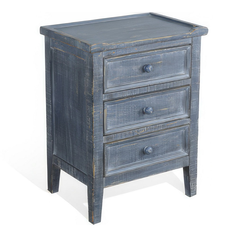 Rena Side End Table with 3 Drawers, 19 Inch Rustic Blue Mahogany Wood