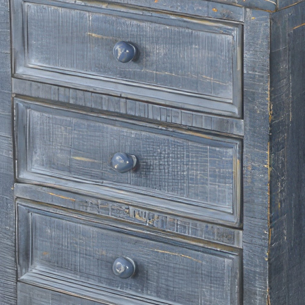 Rena Side End Table with 3 Drawers, 19 Inch Rustic Blue Mahogany Wood