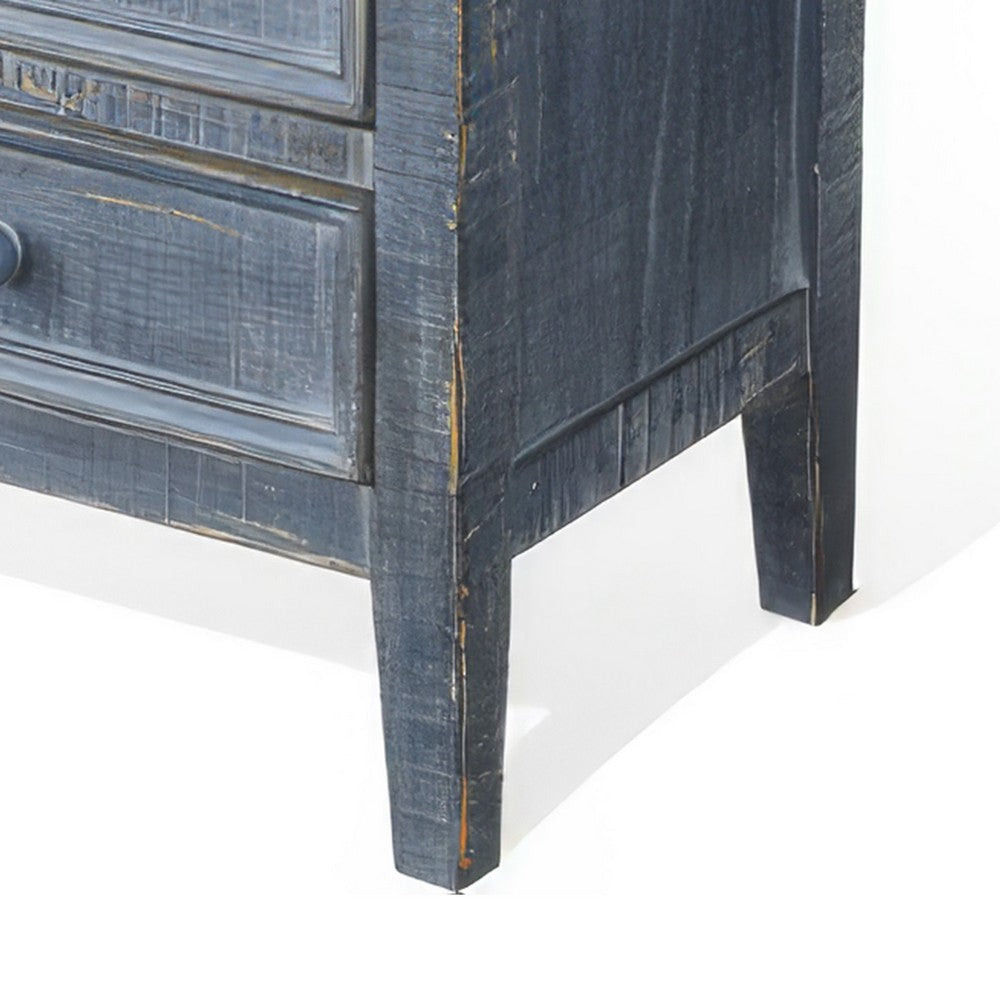 Rena Side End Table with 3 Drawers, 19 Inch Rustic Blue Mahogany Wood