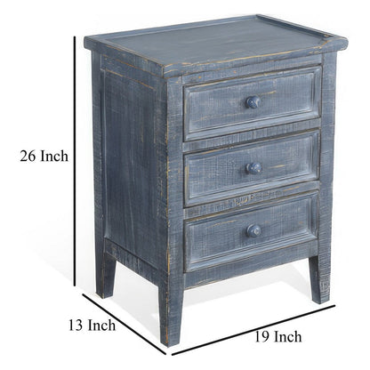 Rena Side End Table with 3 Drawers, 19 Inch Rustic Blue Mahogany Wood