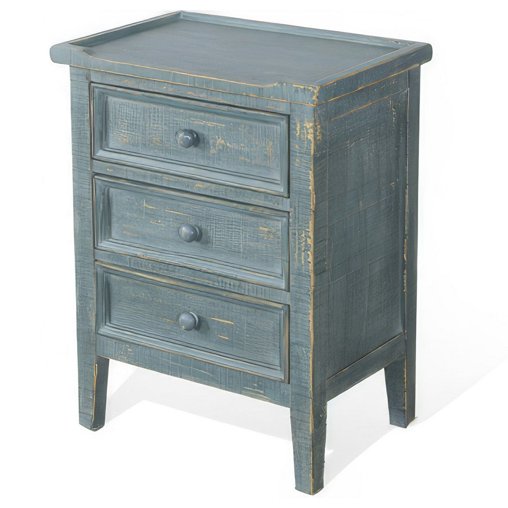 Rena Side End Table with 3 Drawers, 19 Inch Rustic Green Mahogany Wood