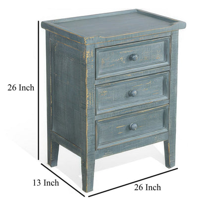 Rena Side End Table with 3 Drawers, 19 Inch Rustic Green Mahogany Wood