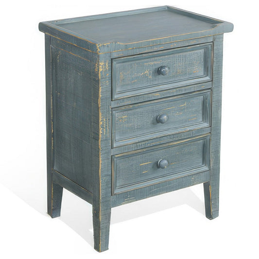 Rena Side End Table with 3 Drawers, 19 Inch Rustic Green Mahogany Wood