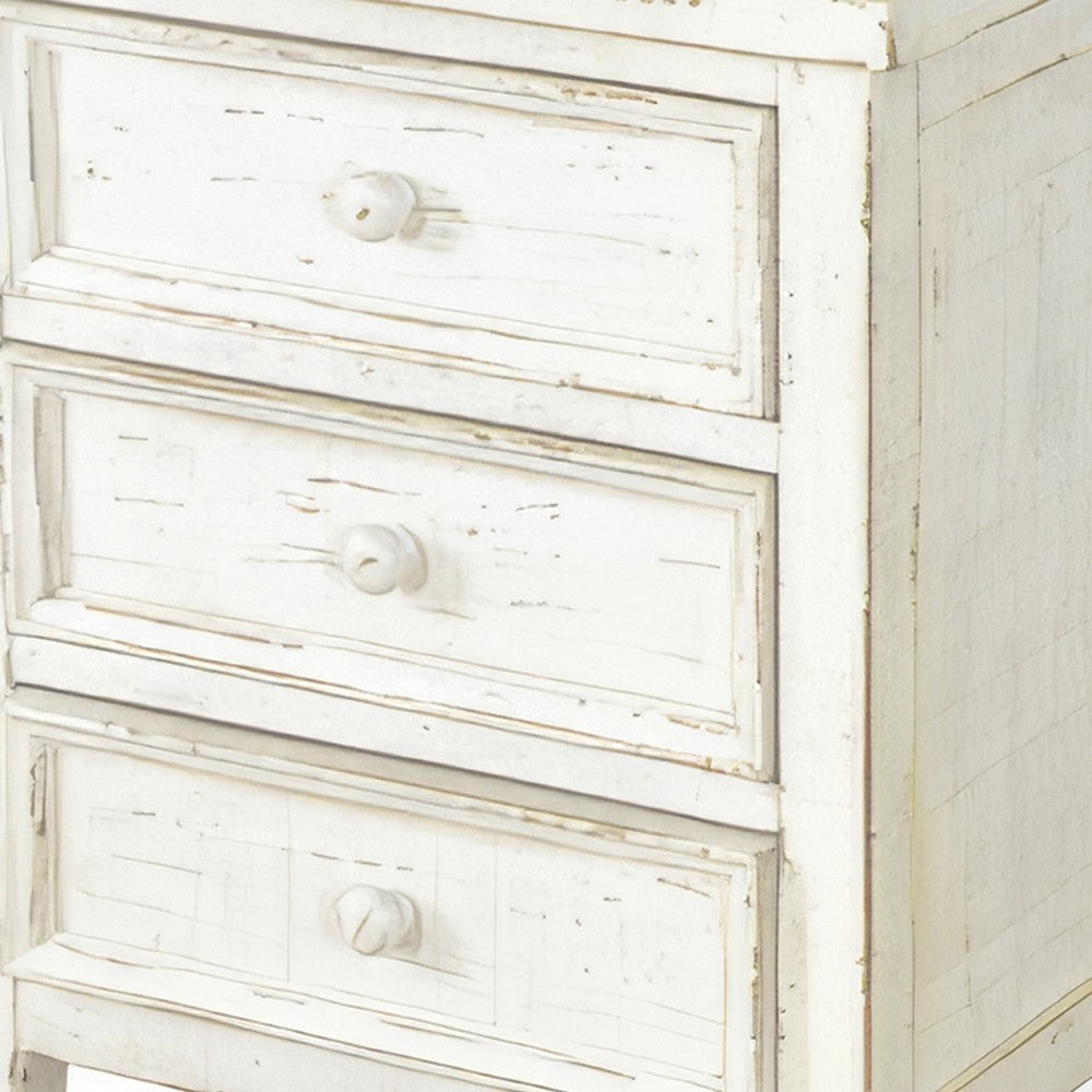 Rena Side End Table with 3 Drawers, 19 Inch Rustic White Mahogany Wood