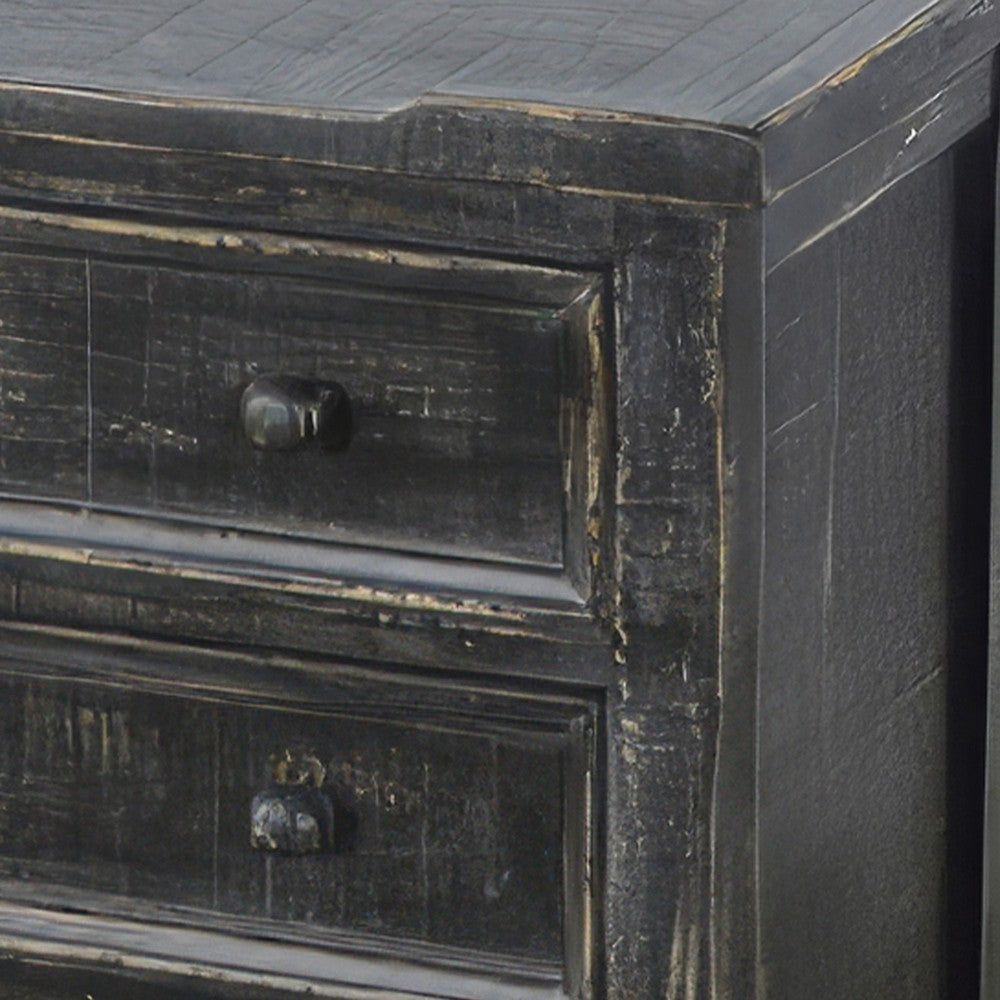 Rena Side End Table with 3 Drawers, 28 Inch Rustic Black Mahogany Wood