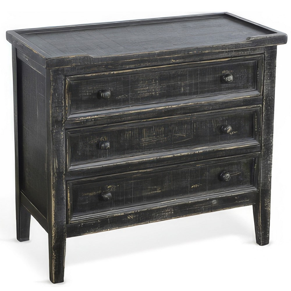 Rena Side End Table with 3 Drawers, 28 Inch Rustic Black Mahogany Wood