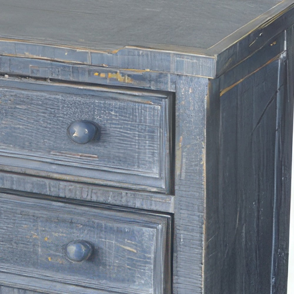 Rena Side End Table with 3 Drawers, 28 Inch Rustic Blue Mahogany Wood
