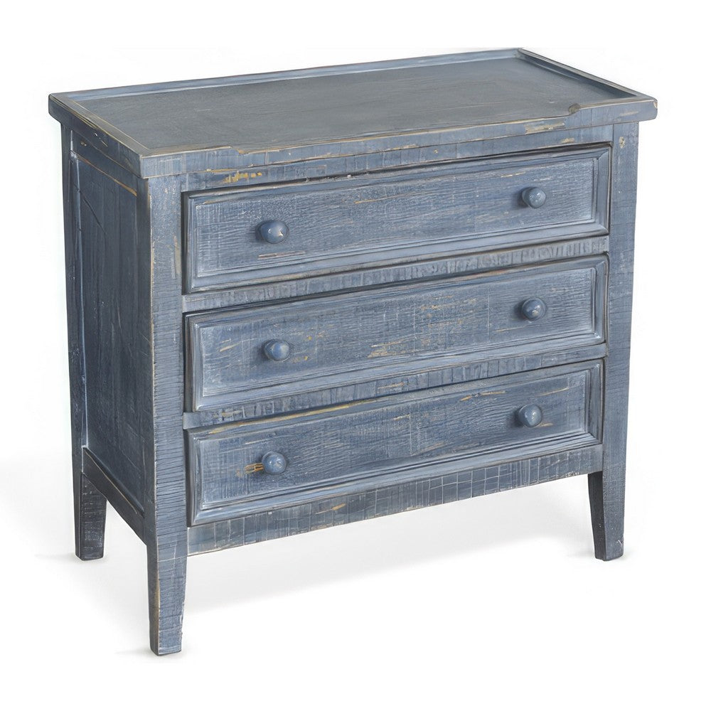 Rena Side End Table with 3 Drawers, 28 Inch Rustic Blue Mahogany Wood