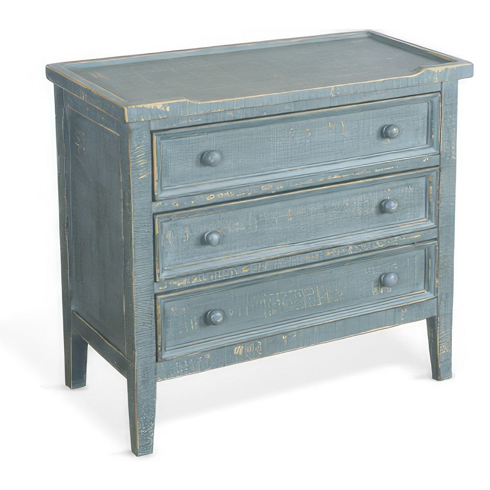 Rena Side End Table with 3 Drawers, 28 Inch Rustic Green Mahogany Wood