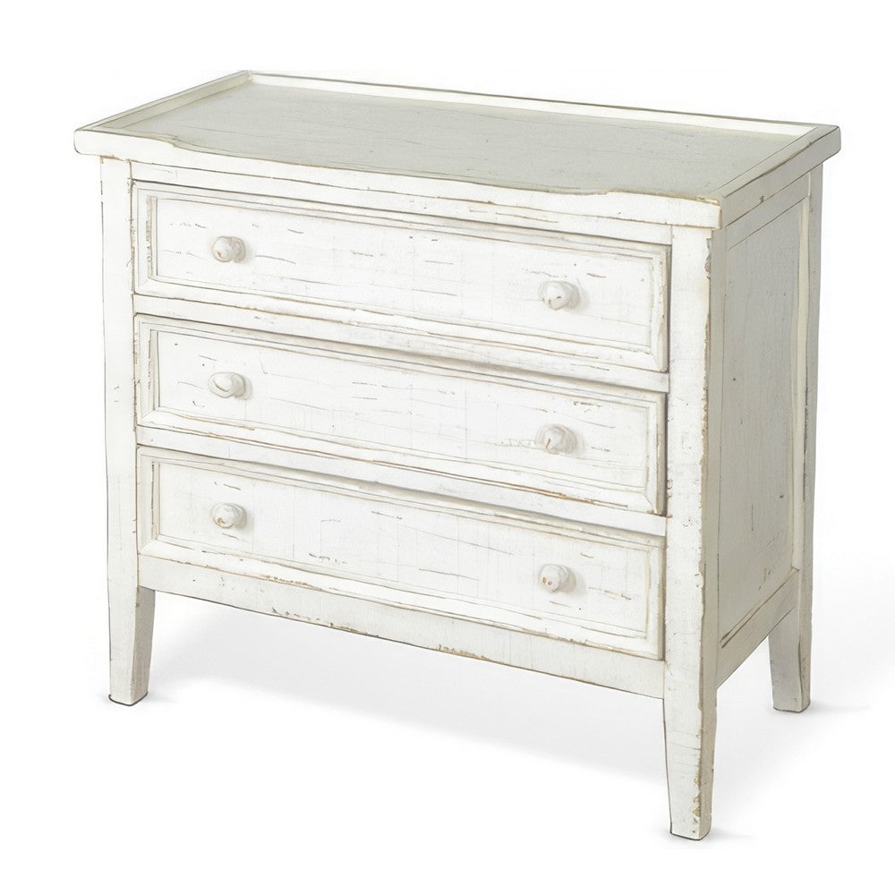 Rena Side End Table with 3 Drawers, 28 Inch Rustic White Mahogany Wood