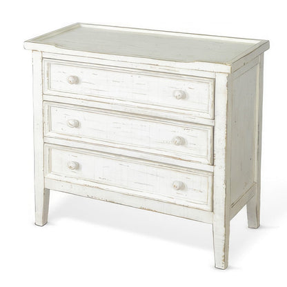 Rena Side End Table with 3 Drawers, 28 Inch Rustic White Mahogany Wood