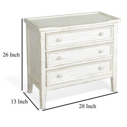 Rena Side End Table with 3 Drawers, 28 Inch Rustic White Mahogany Wood