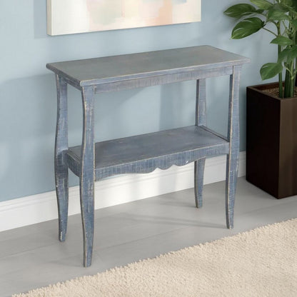 Rena Side End Table, Scallop Trim, 28 Inch Distressed Mahogany – Blue