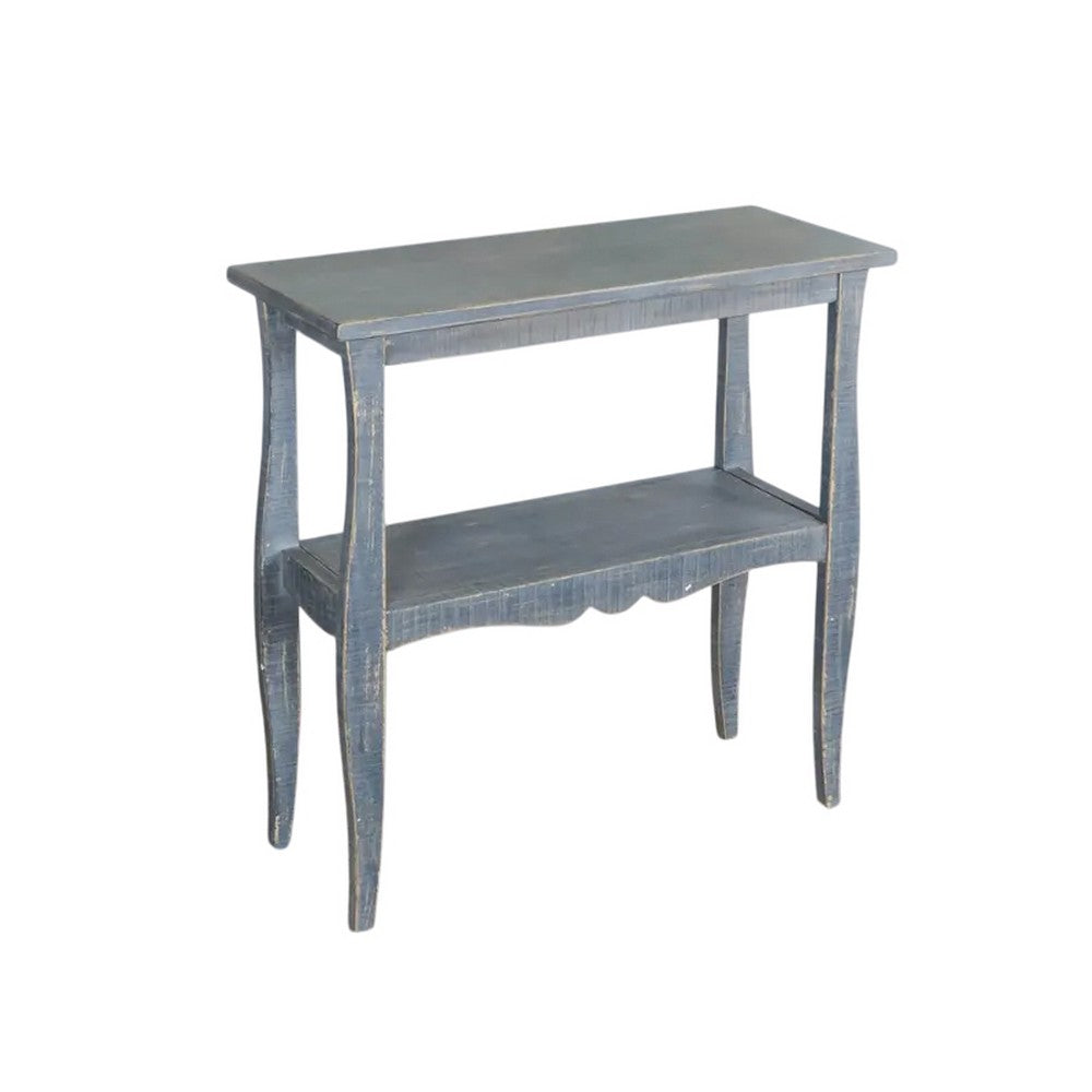 Rena Side End Table, Scallop Trim, 28 Inch Distressed Blue Mahogany