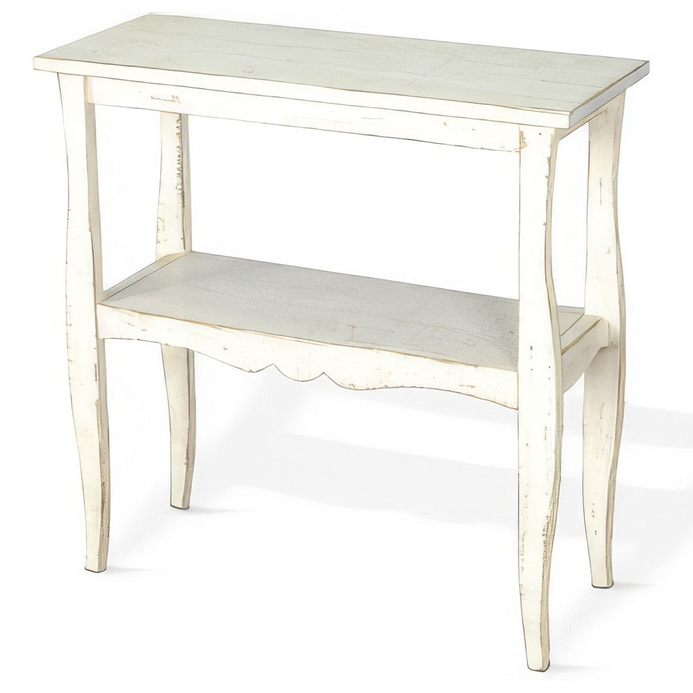 Rena Side End Table, Scallop Trim, 28 Inch Distressed White Mahogany