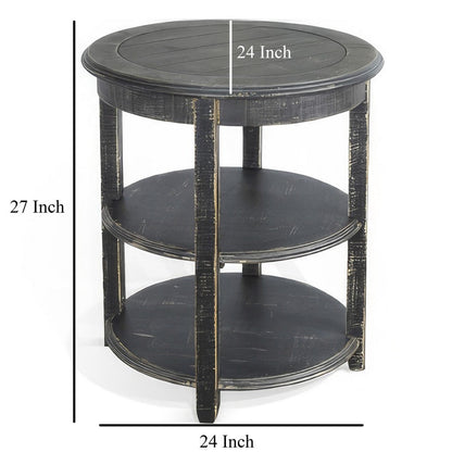 Rena Side End Table with 2 Shelves, 24 Inch Round Black Mahogany Wood