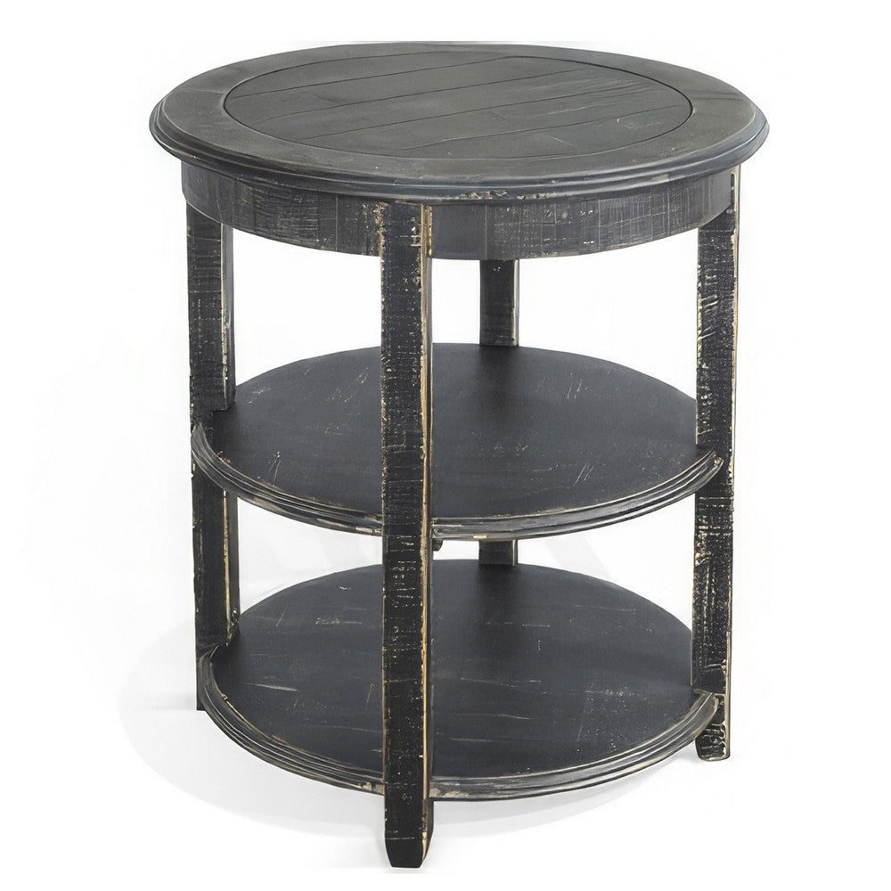 Rena Side End Table with 2 Shelves, 24 Inch Round Mahogany Wood – Black