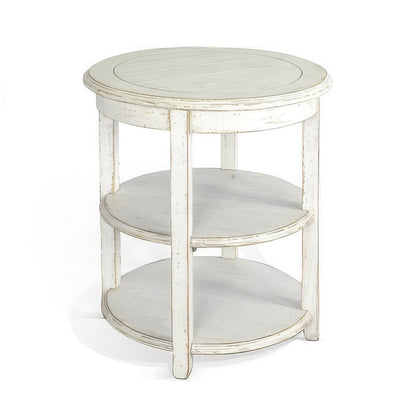 Rena Side End Table with 2 Shelves, 24 Inch Round White Mahogany Wood