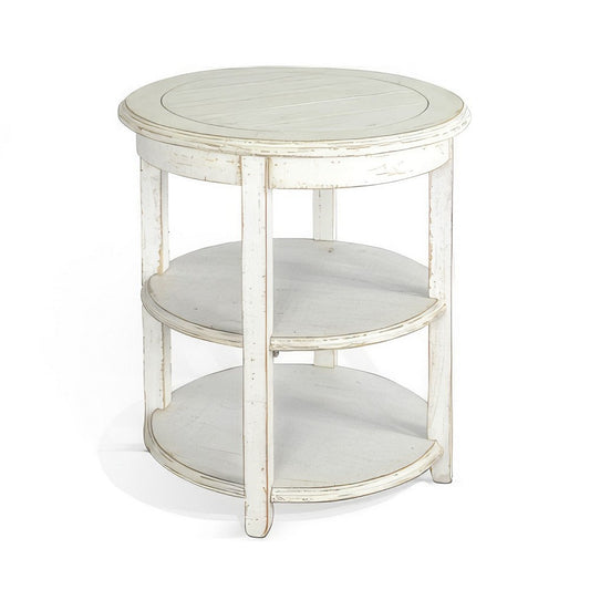 Rena Side End Table with 2 Shelves, 24 Inch Round White Mahogany Wood