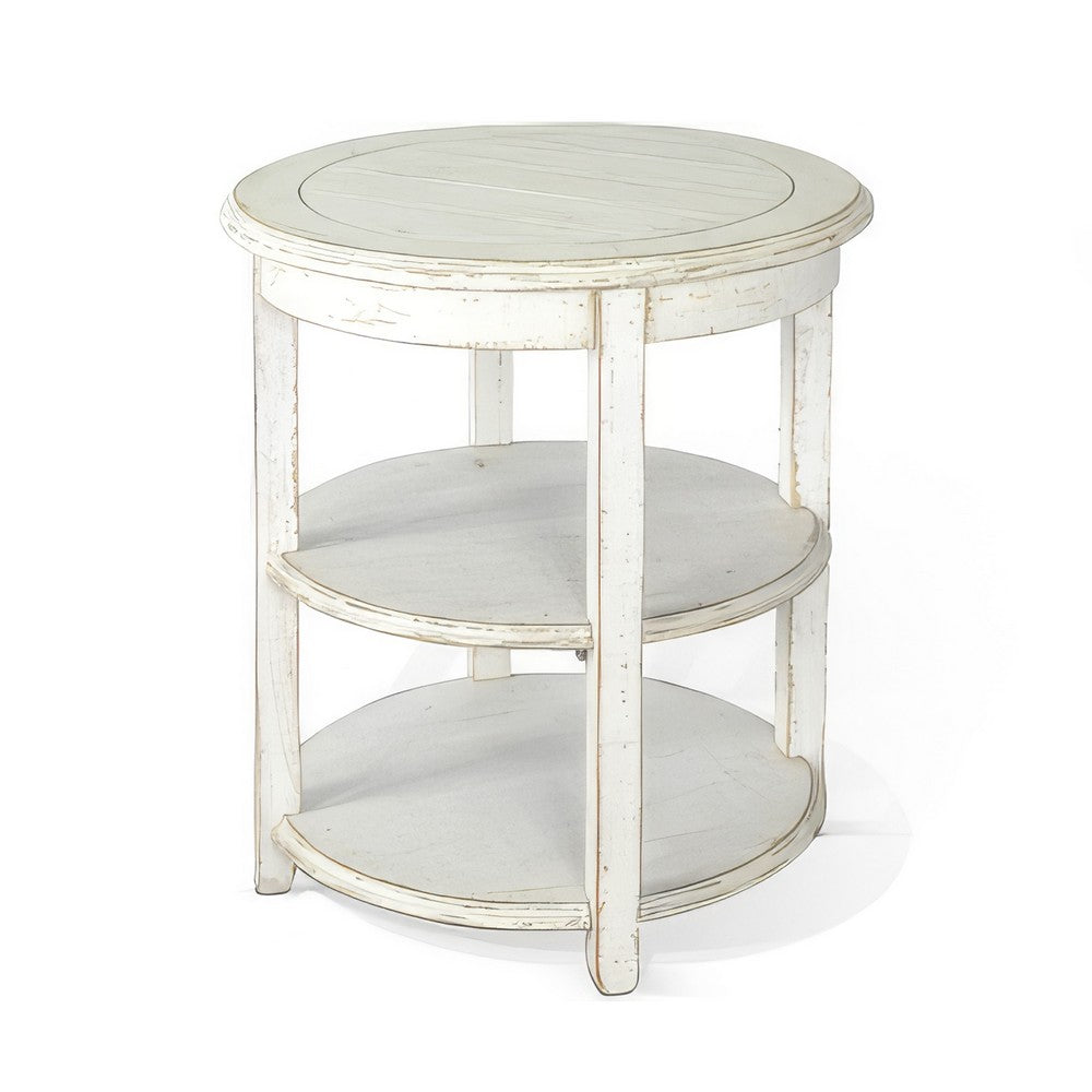 Rena Side End Table with 2 Shelves, 24 Inch Round White Mahogany Wood