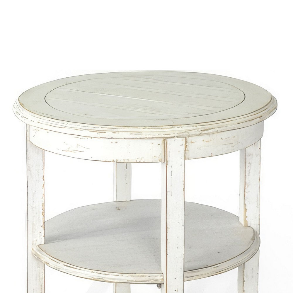 Rena Side End Table with 2 Shelves, 24 Inch Round White Mahogany Wood