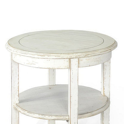 Rena Side End Table with 2 Shelves, 24 Inch Round White Mahogany Wood