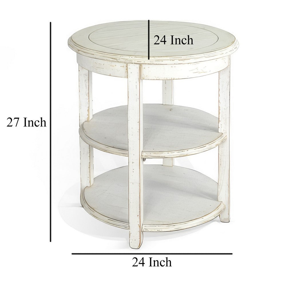 Rena Side End Table with 2 Shelves, 24 Inch Round White Mahogany Wood
