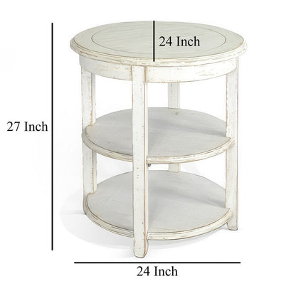 Rena Side End Table with 2 Shelves, 24 Inch Round White Mahogany Wood