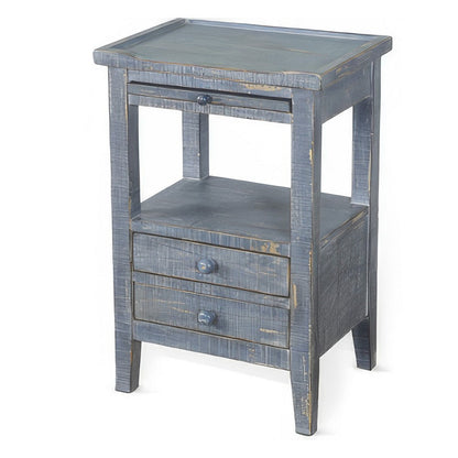 Rena Side End Table, 2 Drawers, Pull-Out Tray, 17 Inch Blue Mahogany
