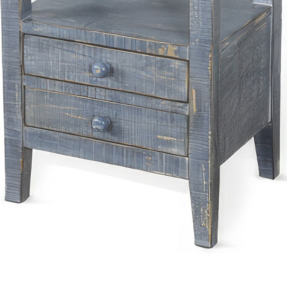 Rena Side End Table, 2 Drawers, Pull-Out Tray, 17 Inch Blue Mahogany