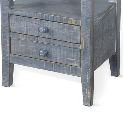 Rena Side End Table, 2 Drawers, Pull-Out Tray, 17 Inch Blue Mahogany