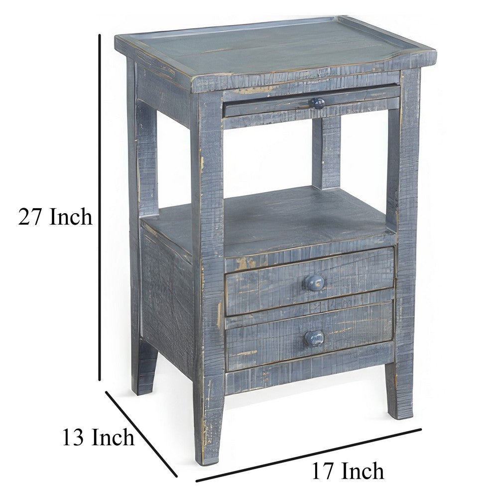 Rena Side End Table, 2 Drawers, Pull-Out Tray, 17 Inch Blue Mahogany