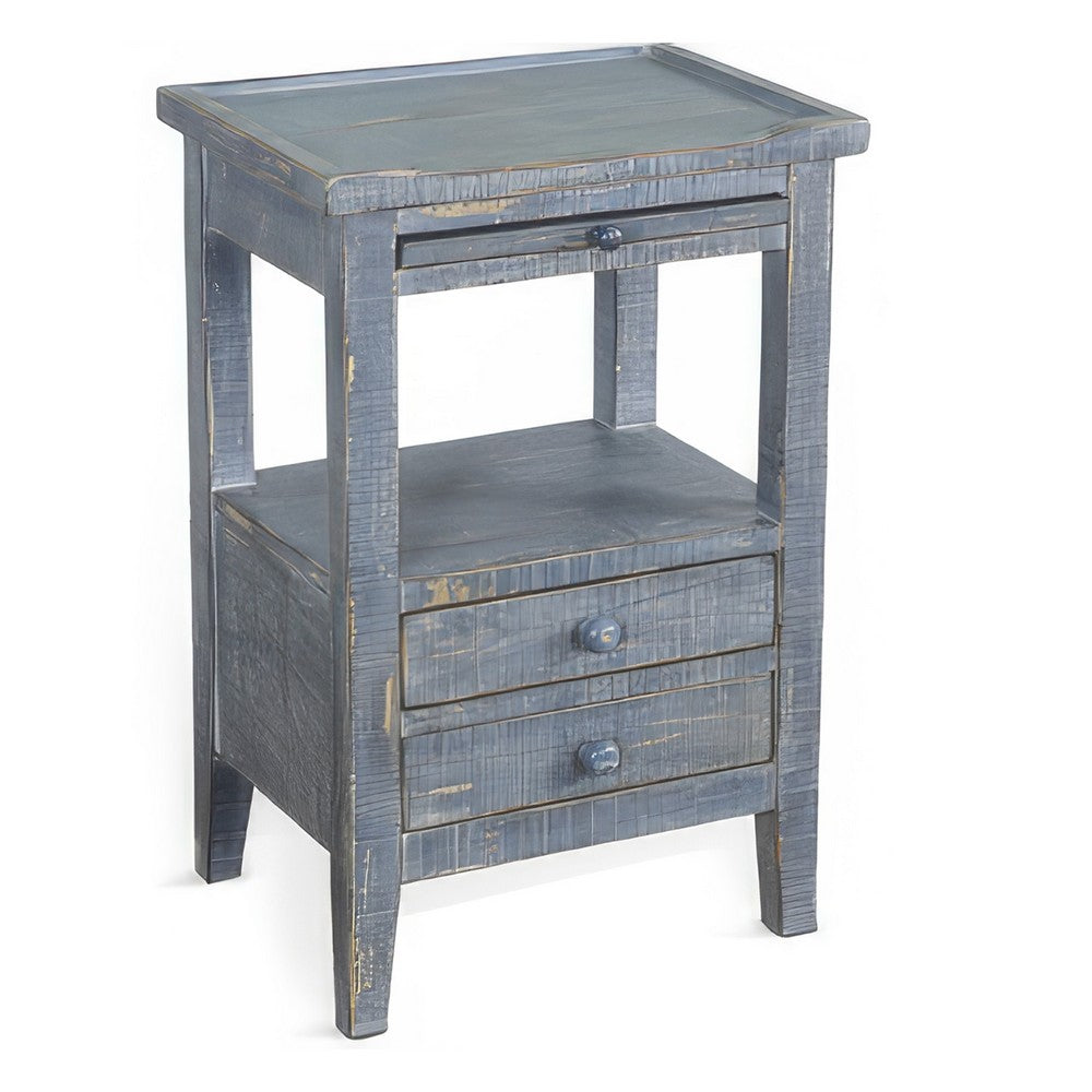Rena Side End Table, 2 Drawers, Pull-Out Tray, 17 Inch Blue Mahogany