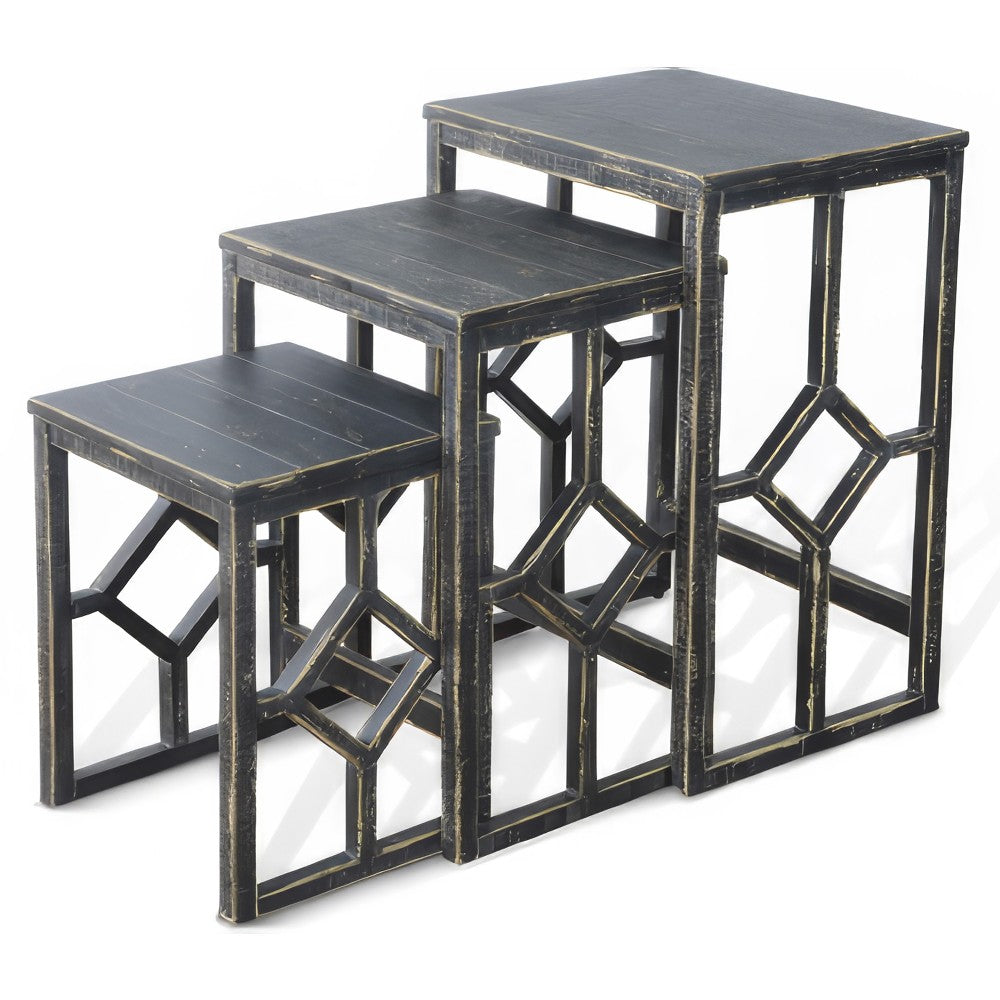 Rena 3 Piece Nesting Accent Table Set, Slatted, Rustic Black Mahogany